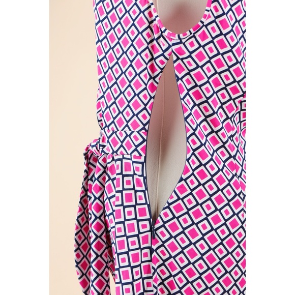 Sz 4 Diane Von Furstenberg Geometric Fuschia/Navy Cotton & Silk Midi Wrap Dress - Picture 3 of 5
